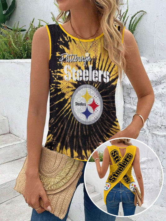 Pittsburgh Steelers Cut Out Wrap Cross Wrap Back Asymmetrical Beach Tank Top