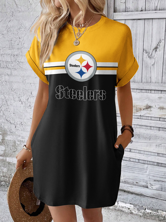 Pittsburgh Steelers Solid Hidden Pocket Batwing Sleeve Tee Dress