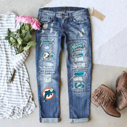 casual fashion perforated printed jeans