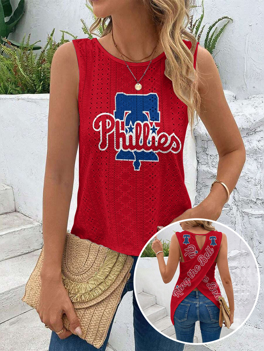 "Ring the bell!" Phillies Cut Out Wrap Cross Wrap Back Asymmetrical Beach Tank Top
