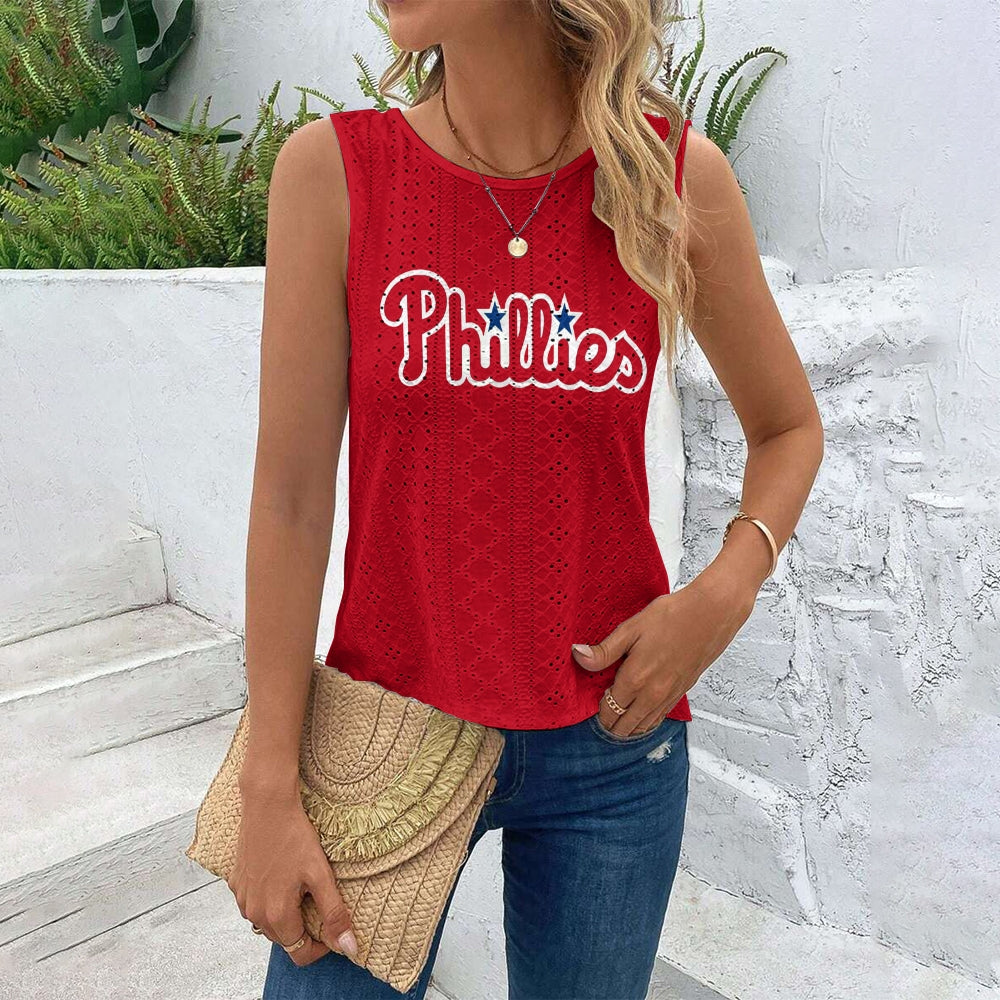 "FIGHTIN'PHILS"Cut Out Wrap Cross Wrap Back Asymmetrical Beach Tank Top