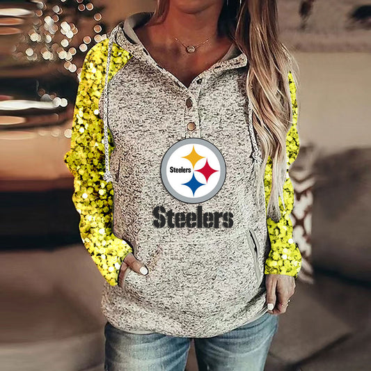 Casual Sequined Sleeves Loose Stitched Print Hoodie