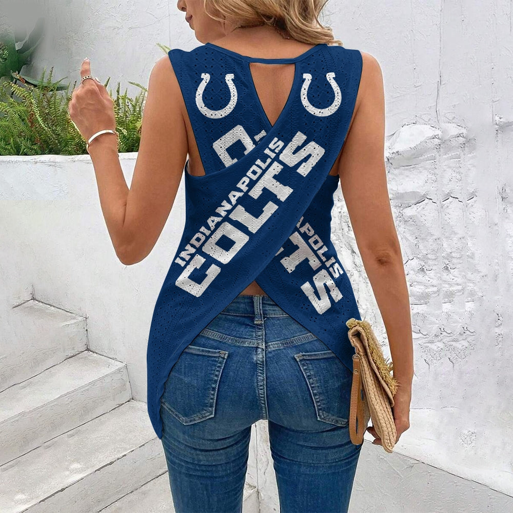 Indianapolis Colts Cut Out Wrap Cross Wrap Back Asymmetrical Beach Tank Top