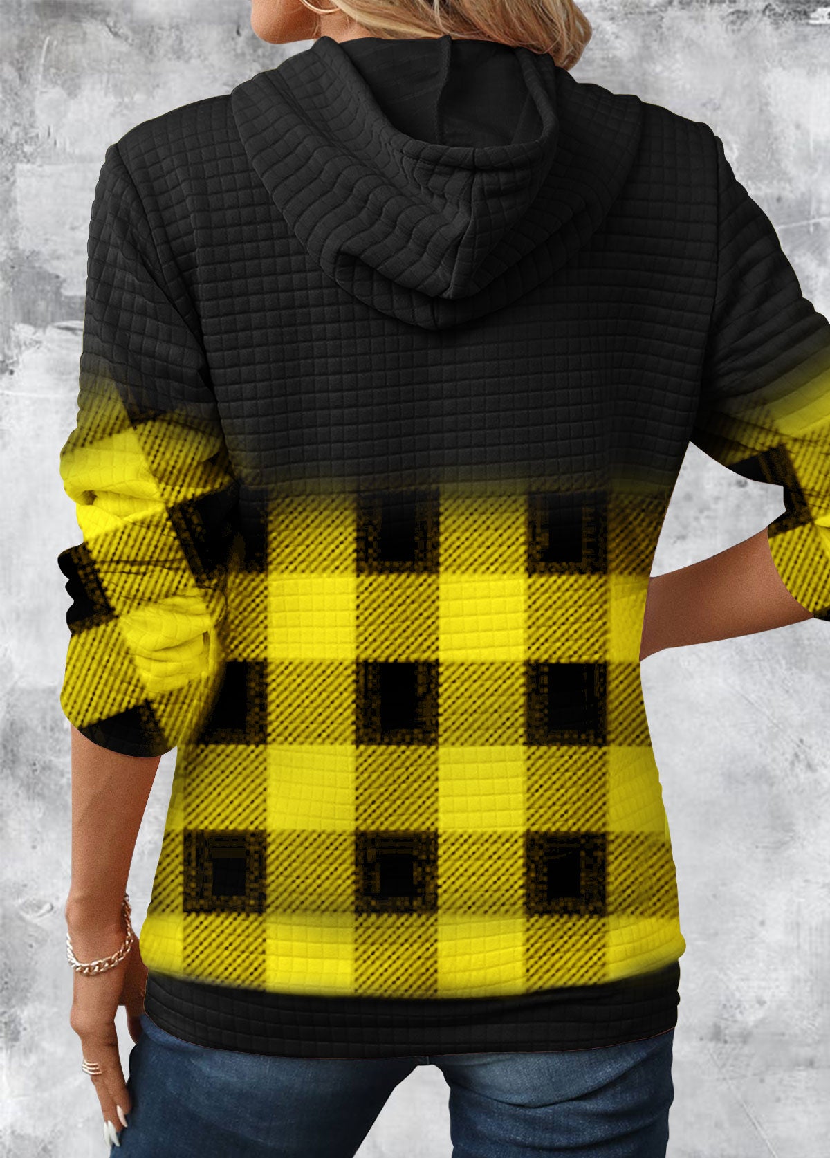 Gradient Patchwork Plaid Long Sleeve Hoodie