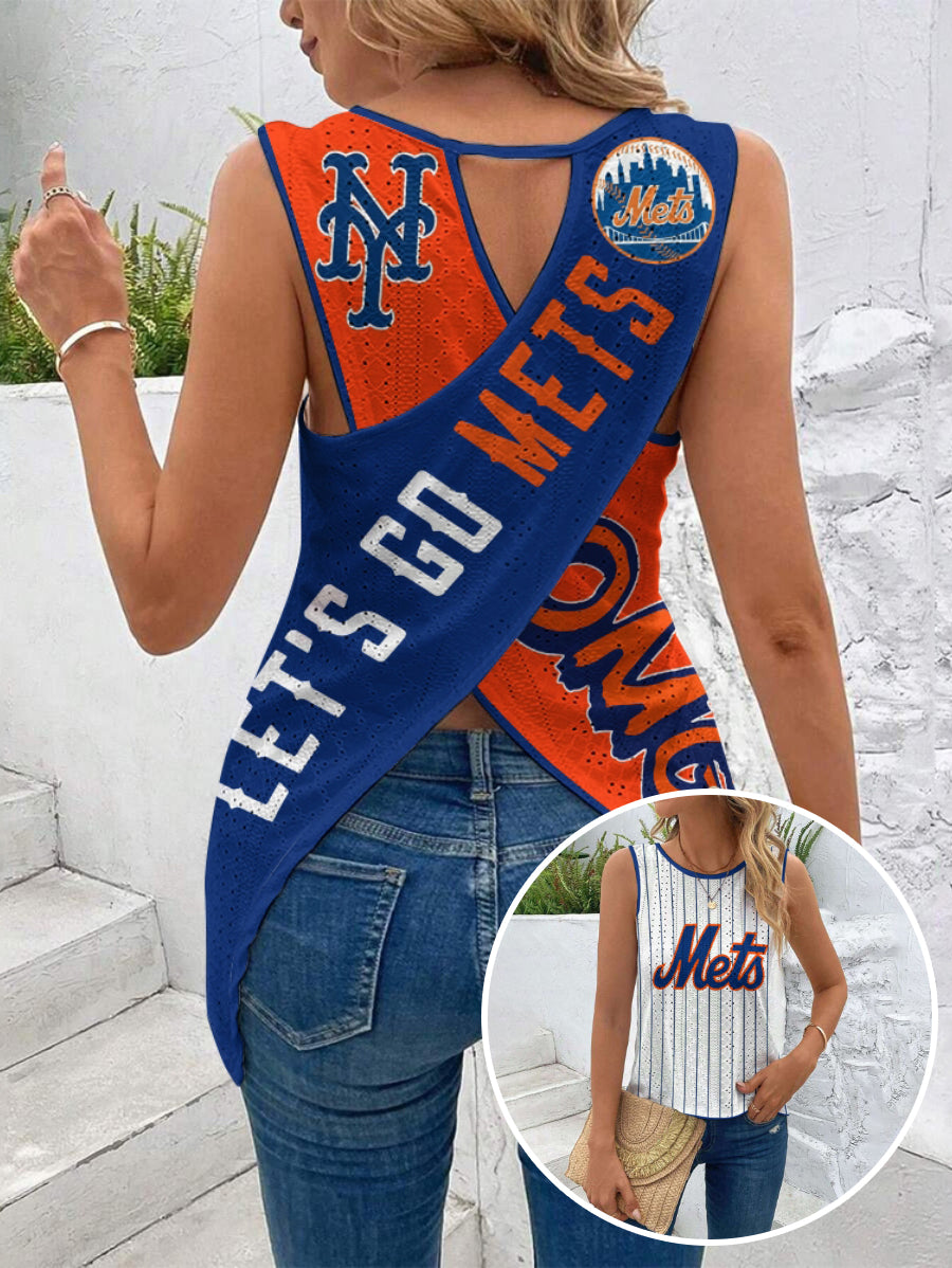 "LET'S GO METS"Cut Out Wrap Cross Wrap Back Asymmetrical Beach Tank Top
