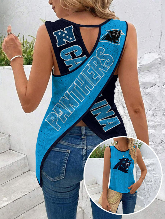 Carolina Panthers Cut Out Wrap Cross Wrap Back Asymmetrical Beach Tank Top