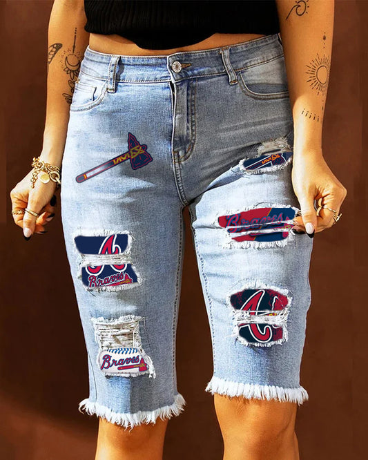 MID-RISE RIPPED PATCHES DENIM BERMUDA SHORTS