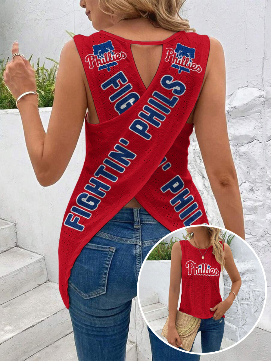 "FIGHTIN'PHILS"Cut Out Wrap Cross Wrap Back Asymmetrical Beach Tank Top
