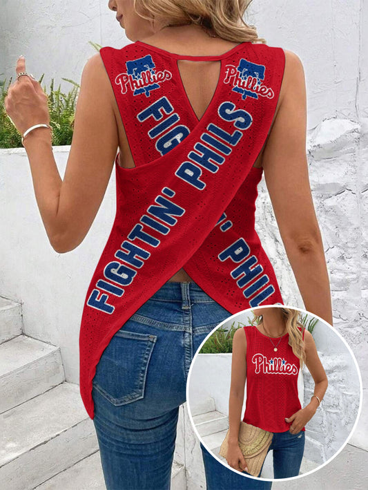 "FIGHTIN'PHILS"Cut Out Wrap Cross Wrap Back Asymmetrical Beach Tank Top