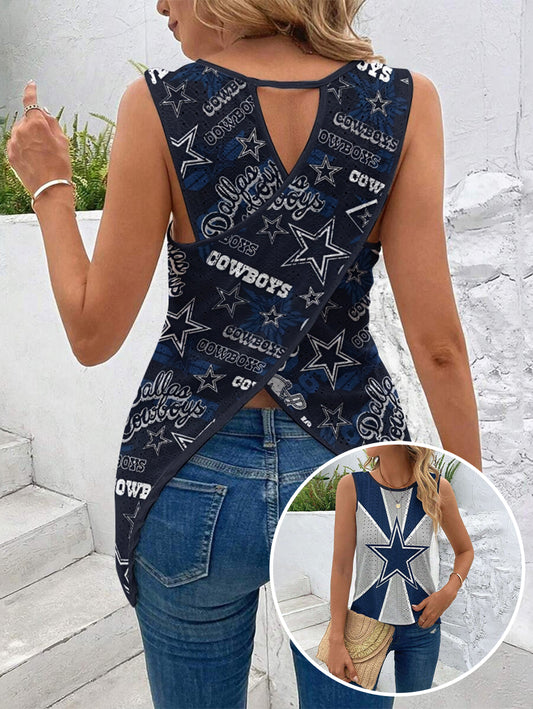 Cowboys Cut Out Wrap Cross Wrap Back Asymmetrical Beach Tank Top