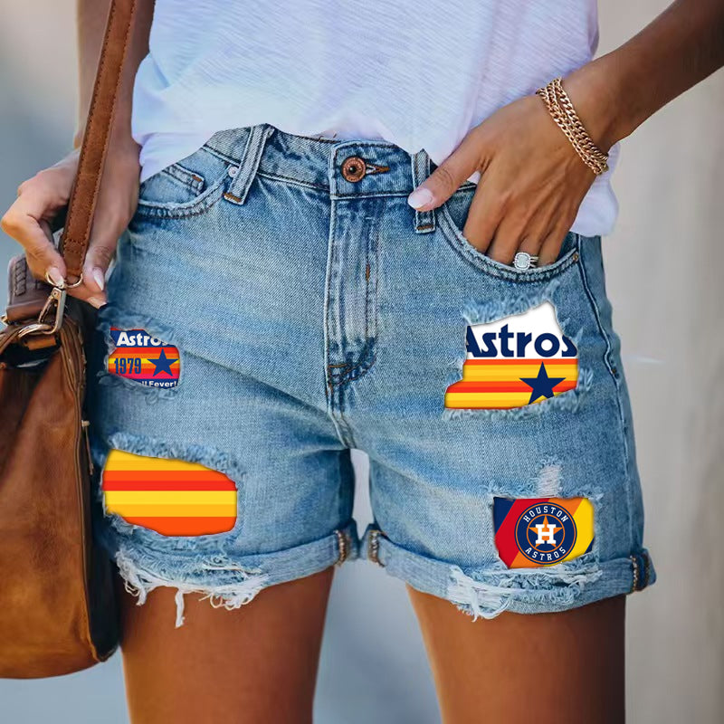 Astros Distressed Cutoff Denim Shorts - Women