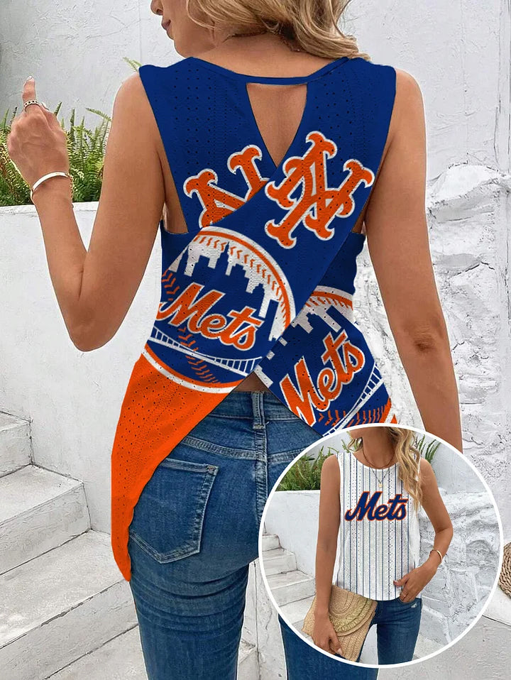 Mets Cut Out Wrap Cross Wrap Back Asymmetrical Beach Tank Top