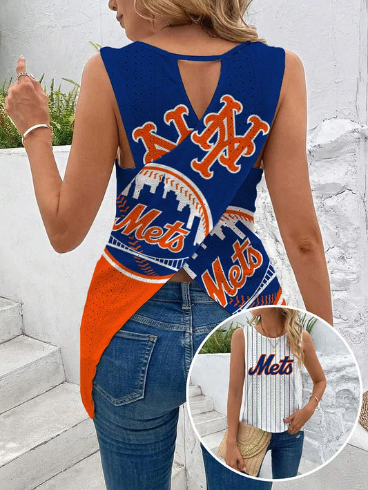 Mets Cut Out Wrap Cross Wrap Back Asymmetrical Beach Tank Top