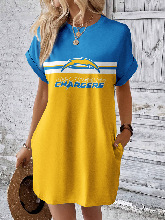 Los Angeles Chargers Solid Hidden Pocket Batwing Sleeve Tee Dress