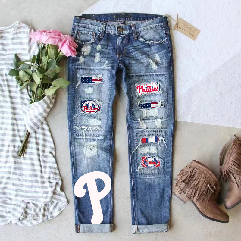 STRETCH RIPPED FRAYED RAW HEM DISTRESSED DENIM JEANS WITH HOLE