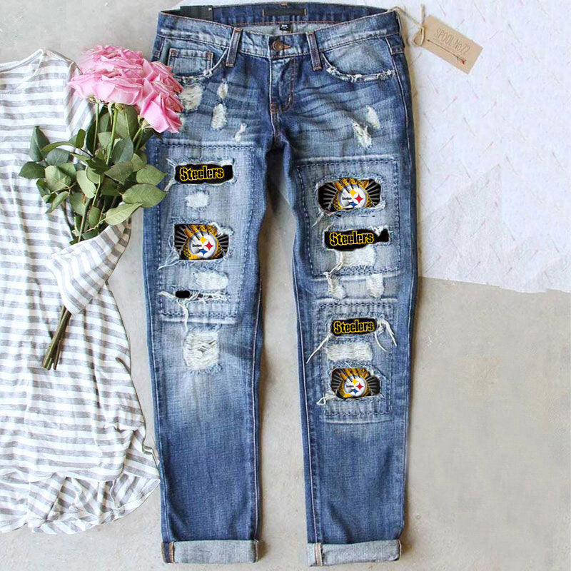 casual fashion perforated printed jeans