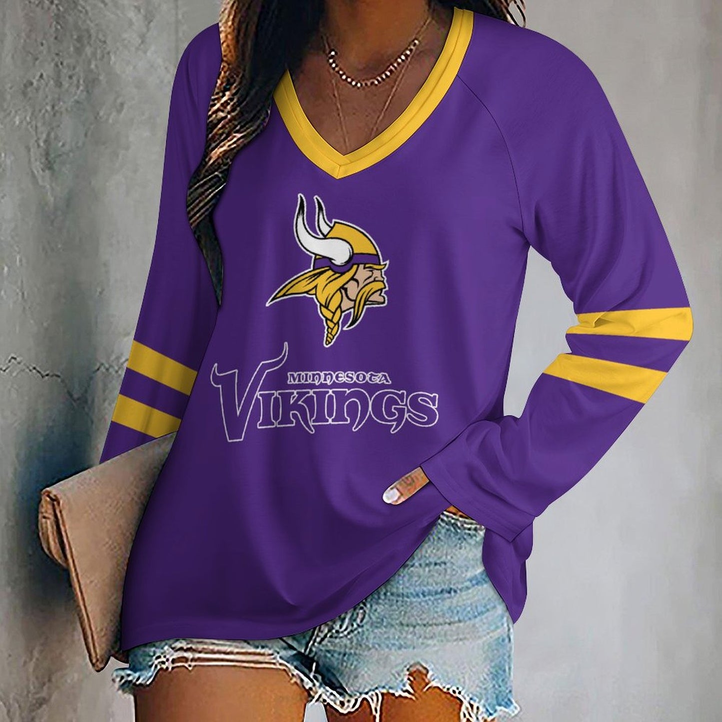 Minnesota Vikings Women's V-neck Double-layered Long-sleeved Loose T-shirt