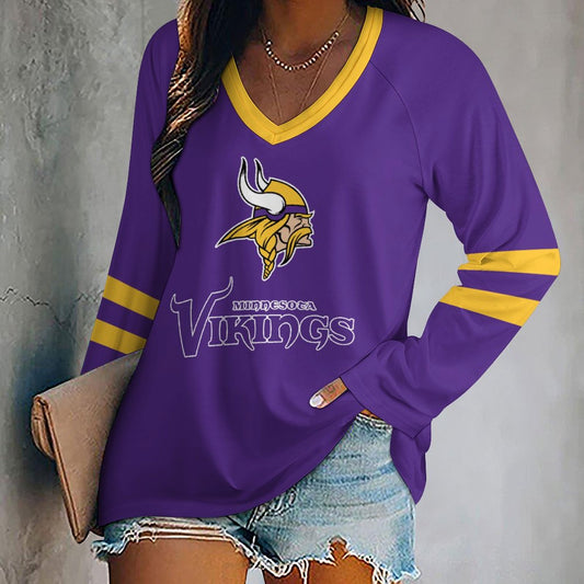 Minnesota Vikings Women's V-neck Double-layered Long-sleeved Loose T-shirt
