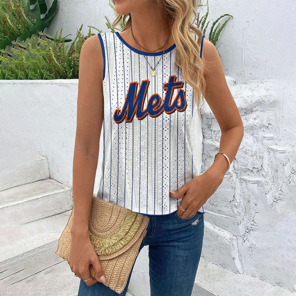 "LET'S GO METS"Cut Out Wrap Cross Wrap Back Asymmetrical Beach Tank Top