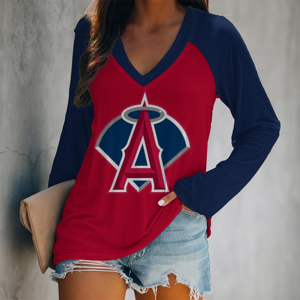 Women's V-neck Double-layered Long-sleeved Loose T-shirt