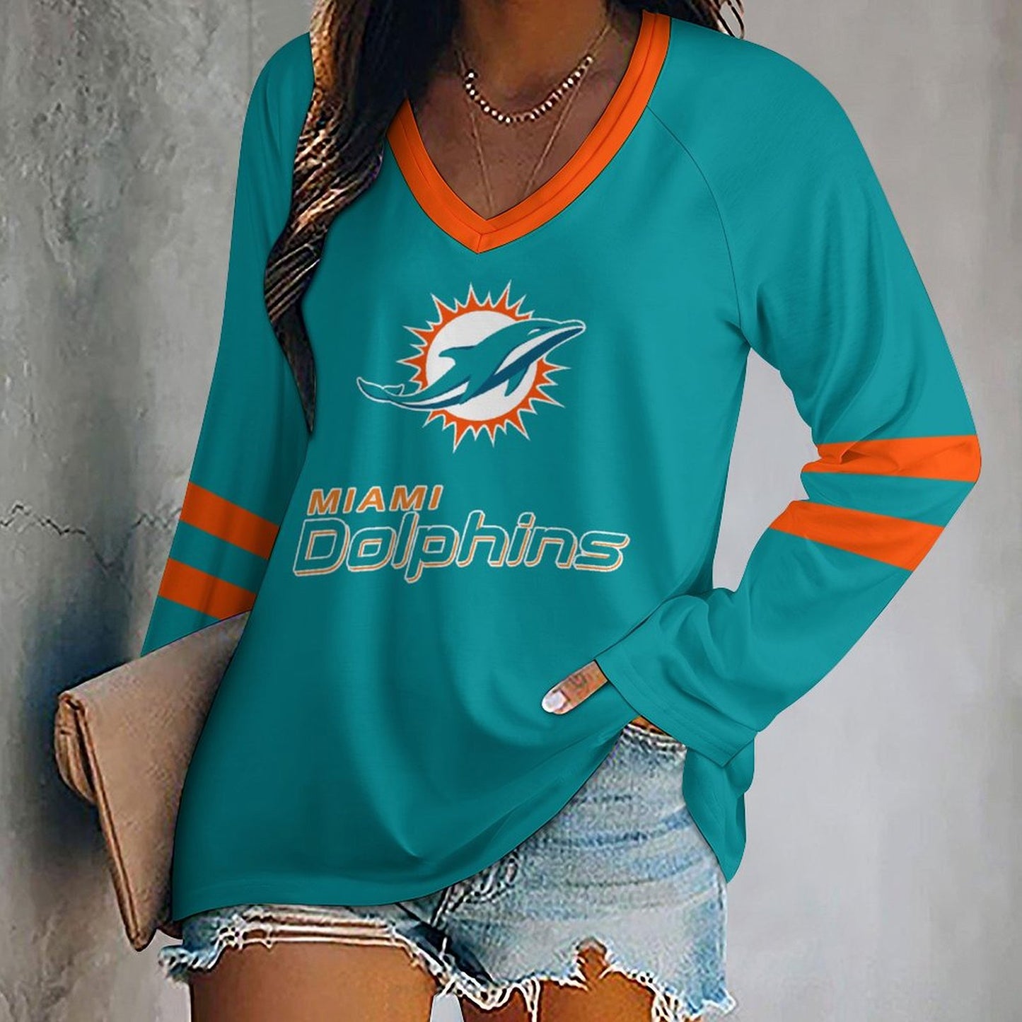 Miami Dolphins Women's V-neck Double-layered Long-sleeved Loose T-shirt