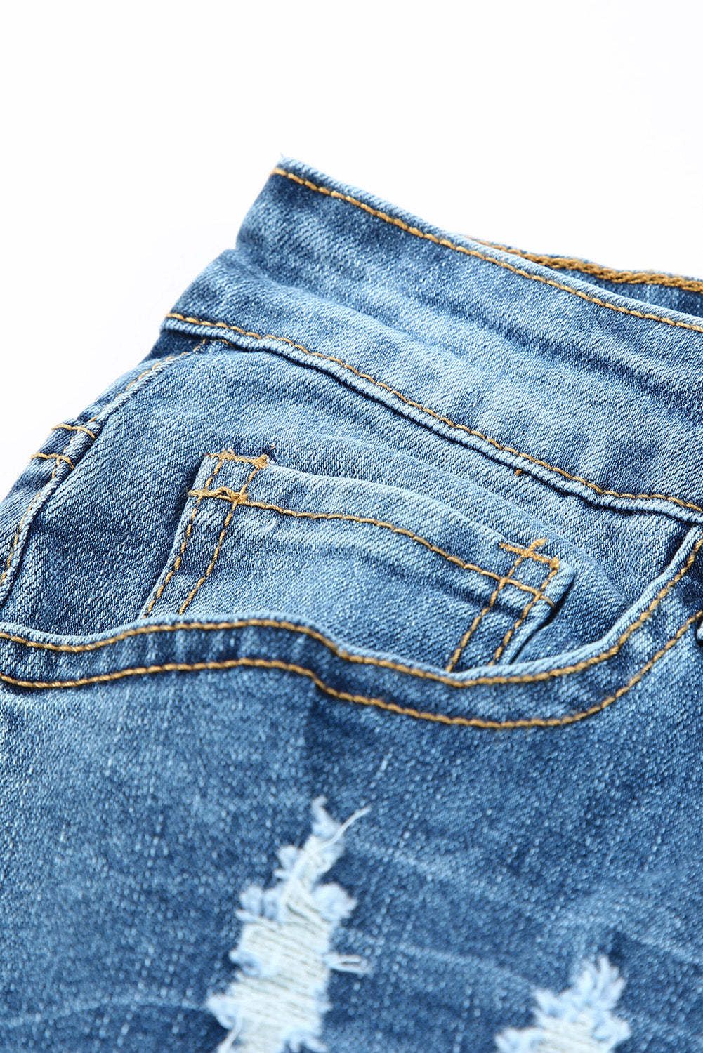 STRETCH RIPPED FRAYED RAW HEM DISTRESSED DENIM JEANS WITH HOLE