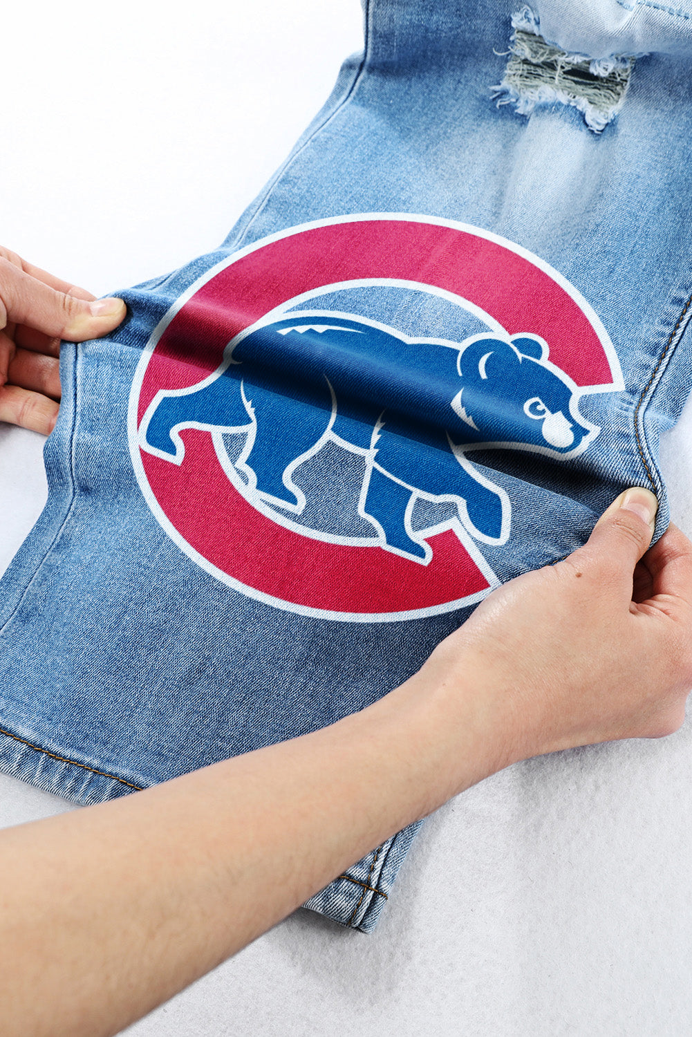 STRETCH RIPPED FRAYED RAW HEM DISTRESSED DENIM JEANS WITH HOLE