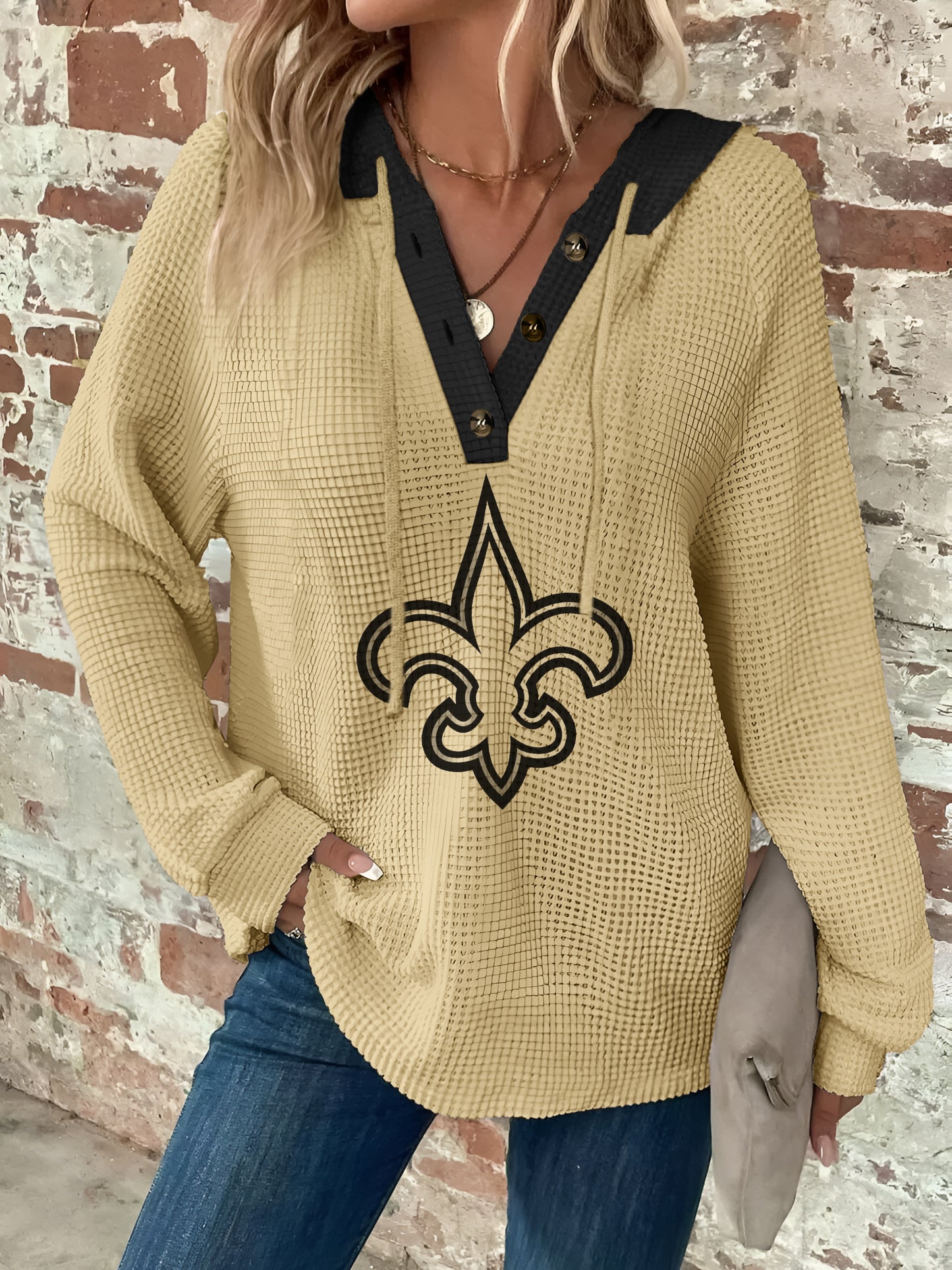 Half Button Raglan Sleeve Drawstring Hoodie