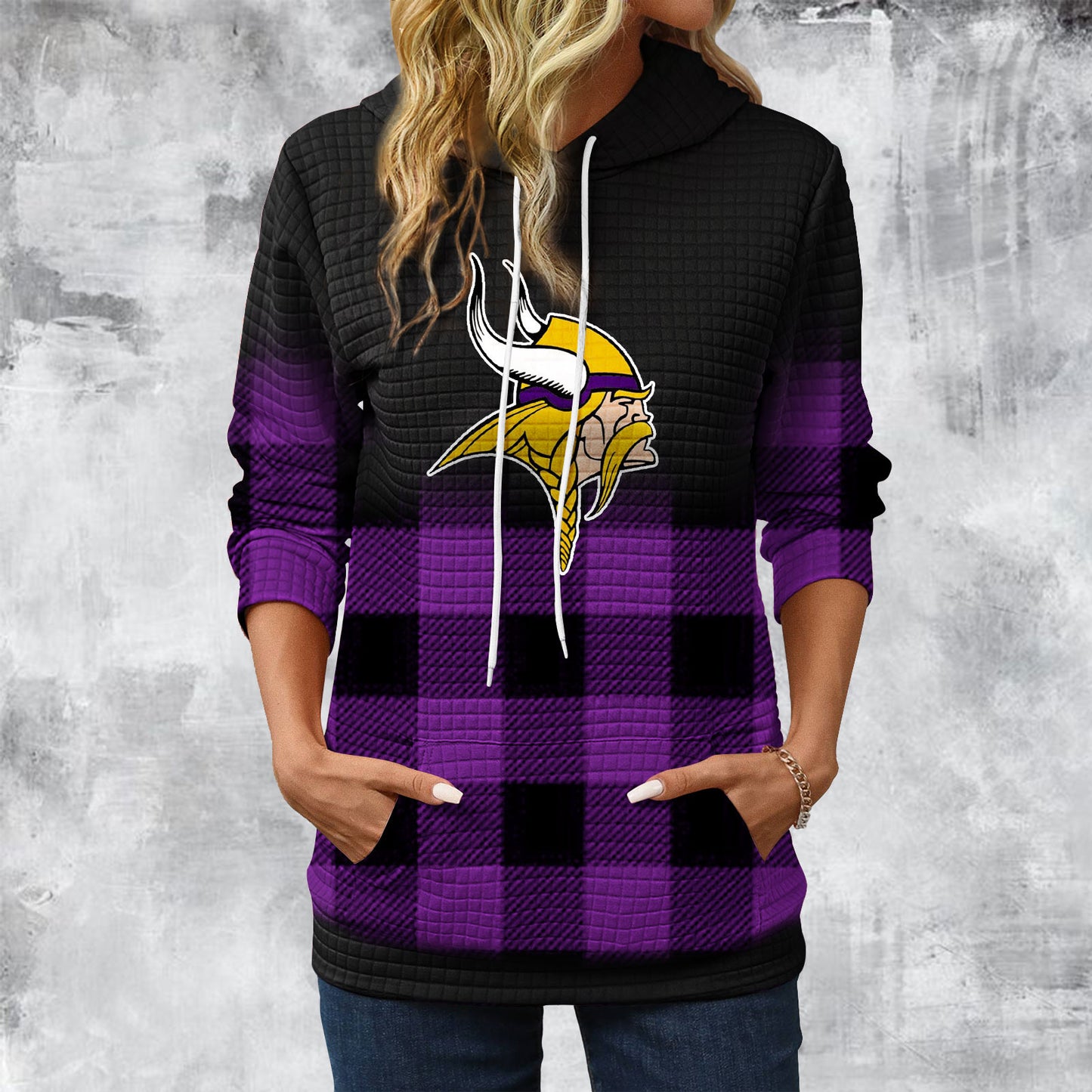 Gradient Patchwork Plaid Long Sleeve Hoodie