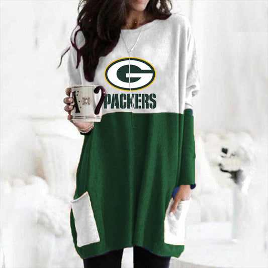 simple casual color blocking loose pocket Long Sleeve Dress