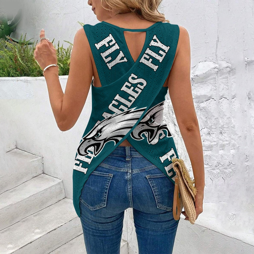 Philadelphia Eagles Cut Out Wrap Cross Wrap Back Asymmetrical Beach Tank Top