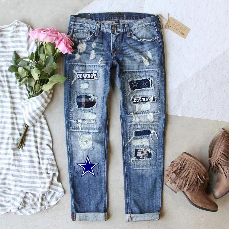 casual fashion perforated printed jeans