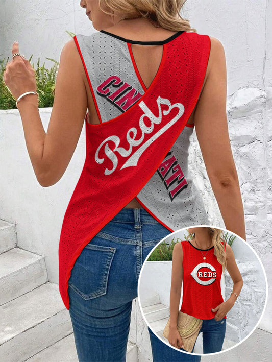 Reds Cut Out Wrap Cross Wrap Back Asymmetrical Beach Tank Top