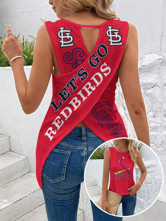 "LET'S GO REDBIRDS"Cut Out Wrap Cross Wrap Back Asymmetrical Beach Tank Top