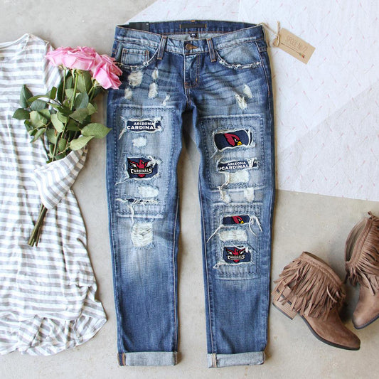 casual fashion perforated printed jeans