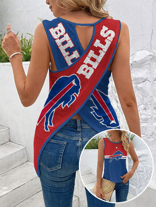 Buffalo Bills Cut Out Wrap Cross Wrap Back Asymmetrical Beach Tank Top