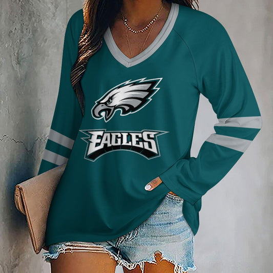 Philadelphia Eagles Women's V-neck Double-layered Long-sleeved Loose T-shirt