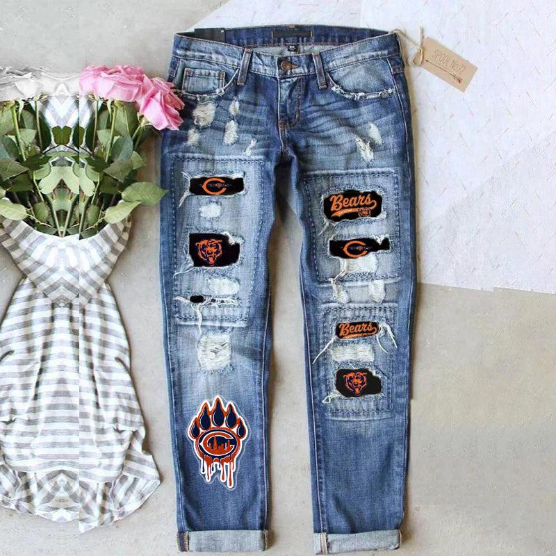 casual fashion perforated printed jeans