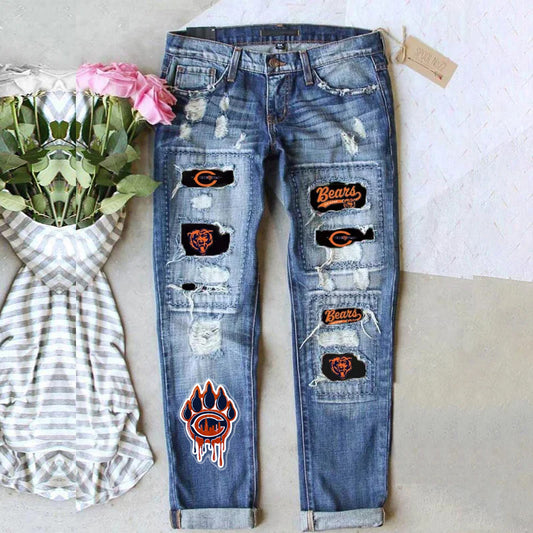 casual fashion perforated printed jeans