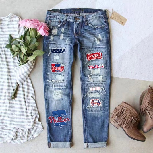 STRETCH RIPPED FRAYED RAW HEM DISTRESSED DENIM JEANS WITH HOLE