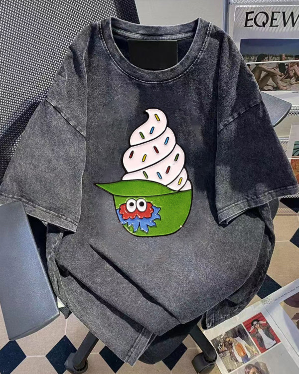 Washed Distressed Print Short Sleeve T-shirt