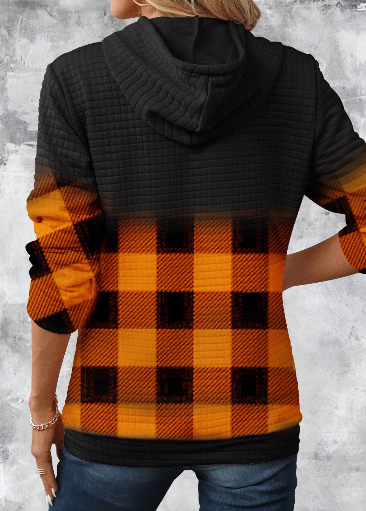 Gradient Patchwork Plaid Long Sleeve Hoodie