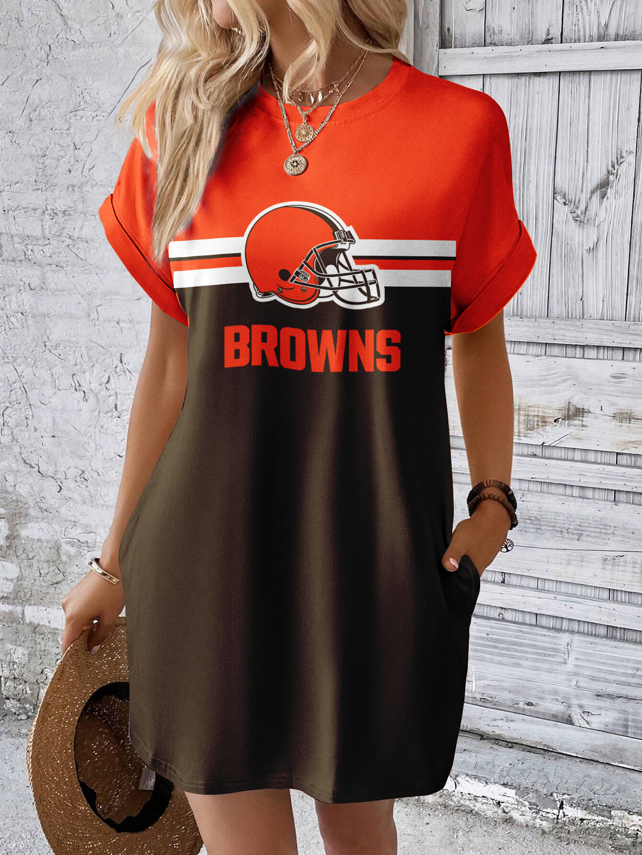 Cleveland Browns Solid Hidden Pocket Batwing Sleeve Tee Dress