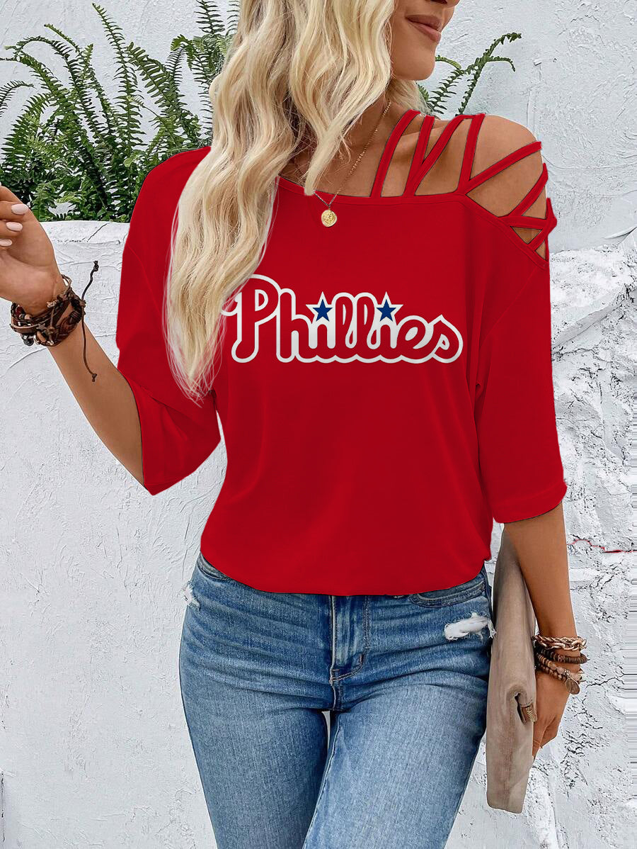 Phillies Criss Cross Asymmetrical Neck Tee