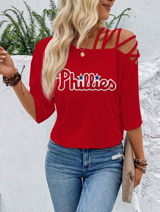 Phillies Criss Cross Asymmetrical Neck Tee
