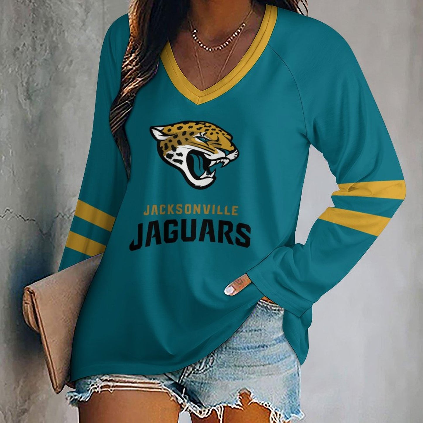 Jacksonville Jaguars Women's V-neck Double-layered Long-sleeved Loose T-shirt