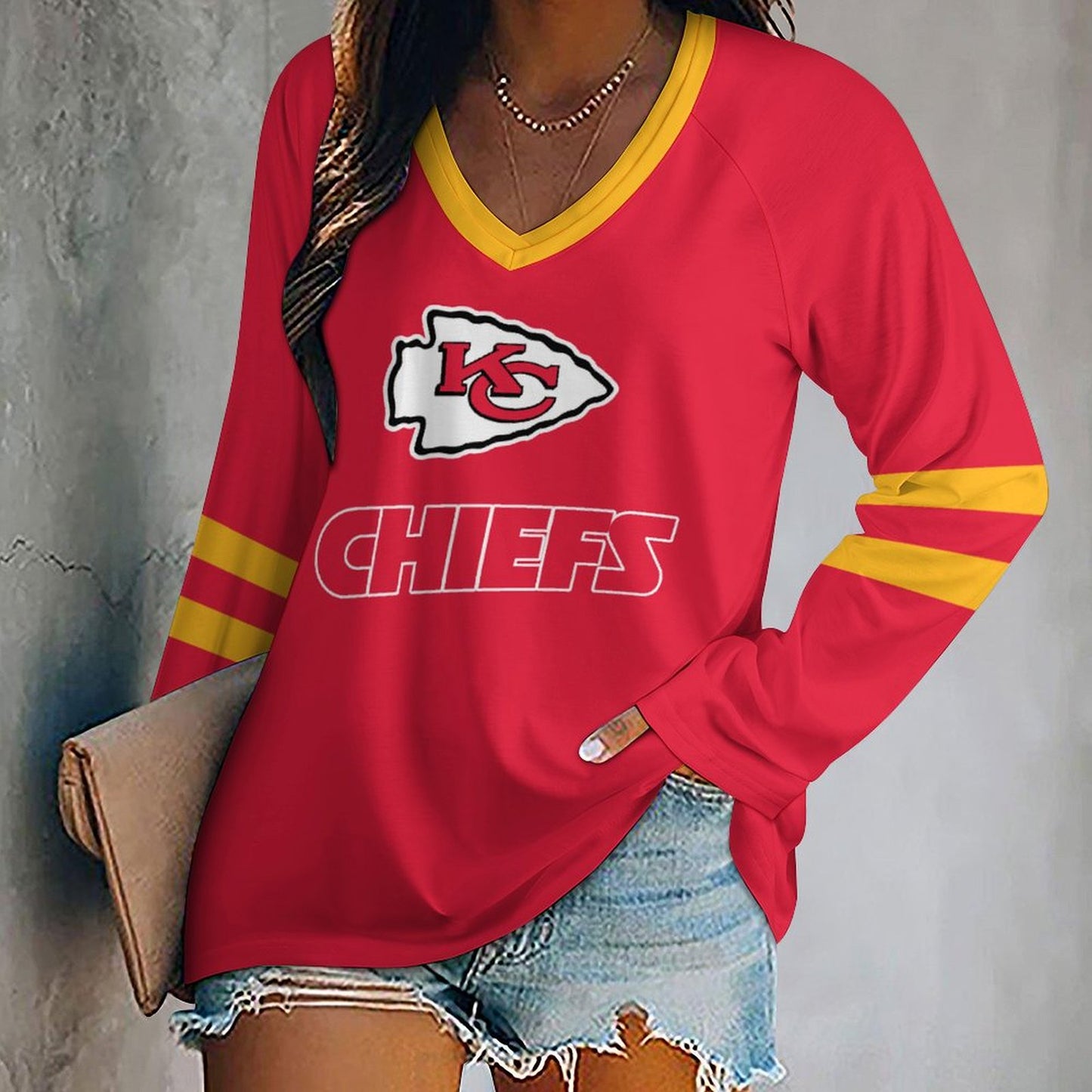 Kansas City Chiefs Women's V-neck Double-layered Long-sleeved Loose T-shirt