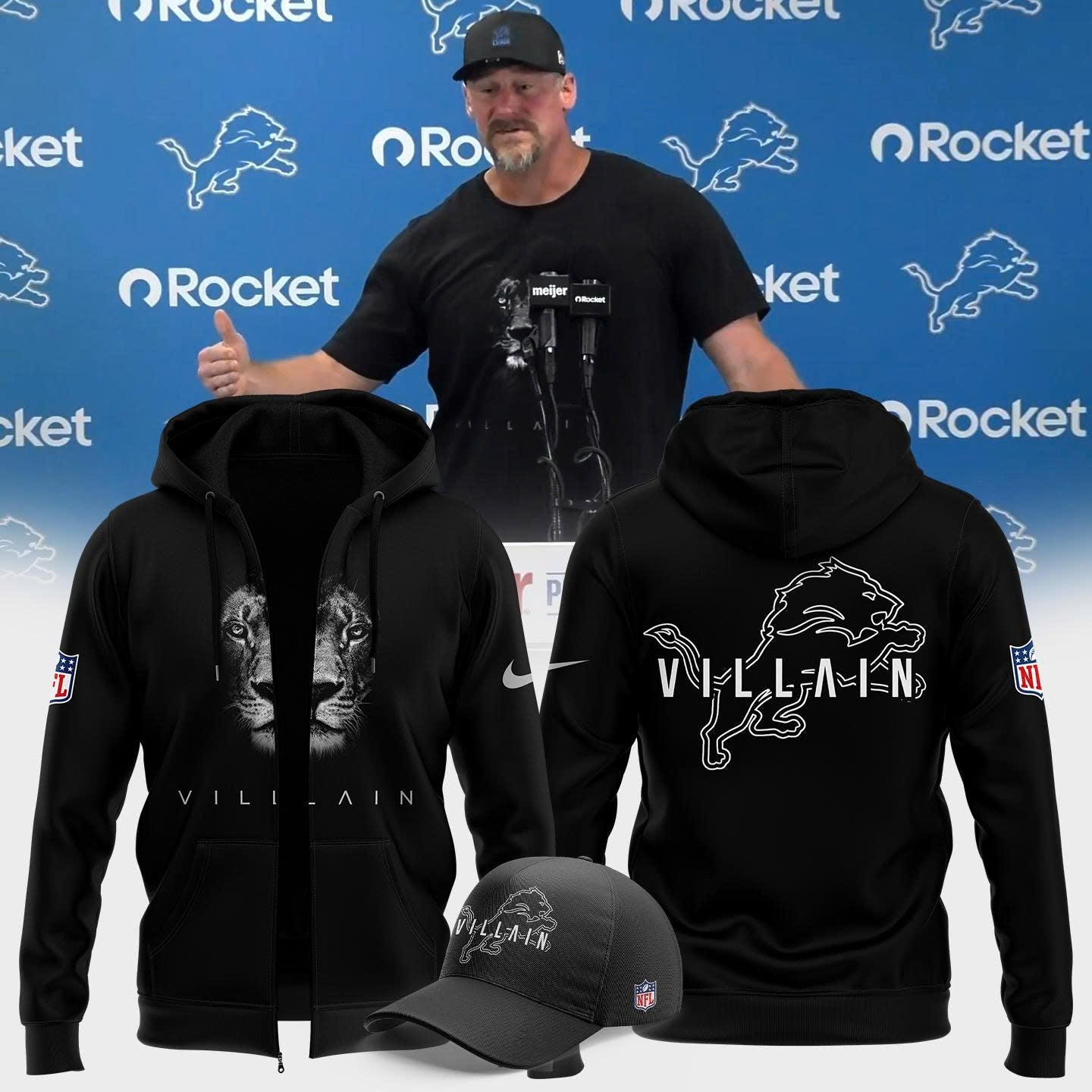 Dan Campbell Detroit Lions Villain 2025 Limited Zip Hoodie Black V4