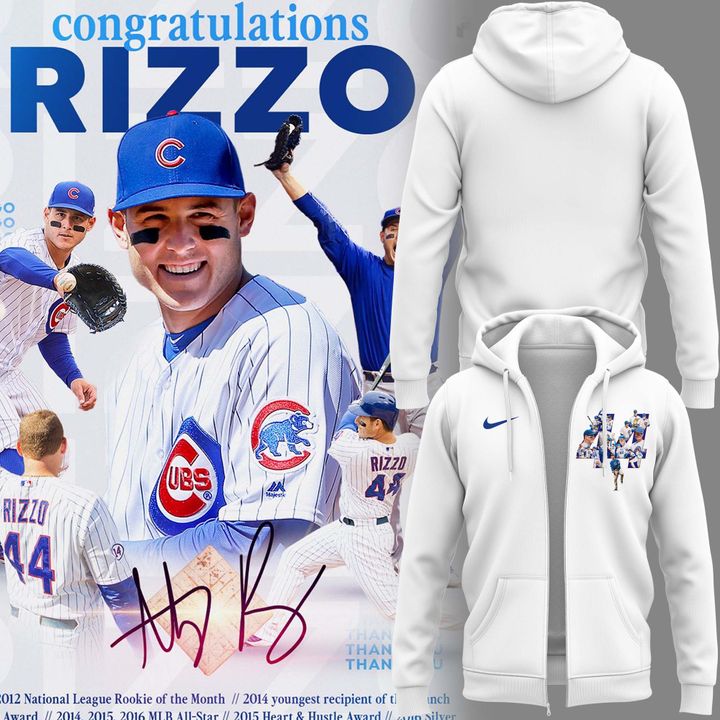 3g Chicago Cubs Legend Anthony Rizzo - Always And Forever White Zip Hoodie