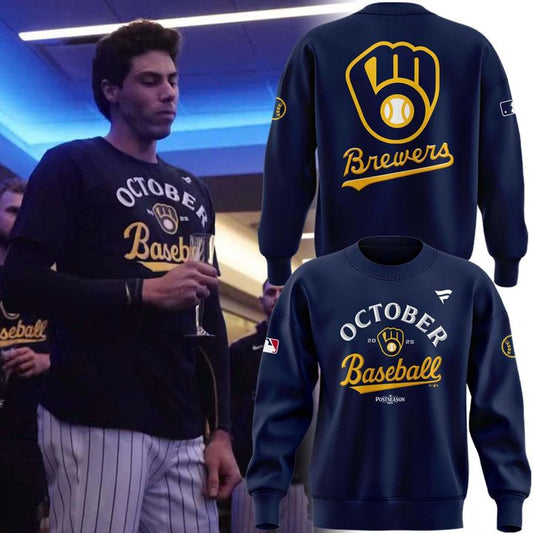 Special New October Ready 2025 MLB Postseason Brewers Uniform Navy Sweatshirt